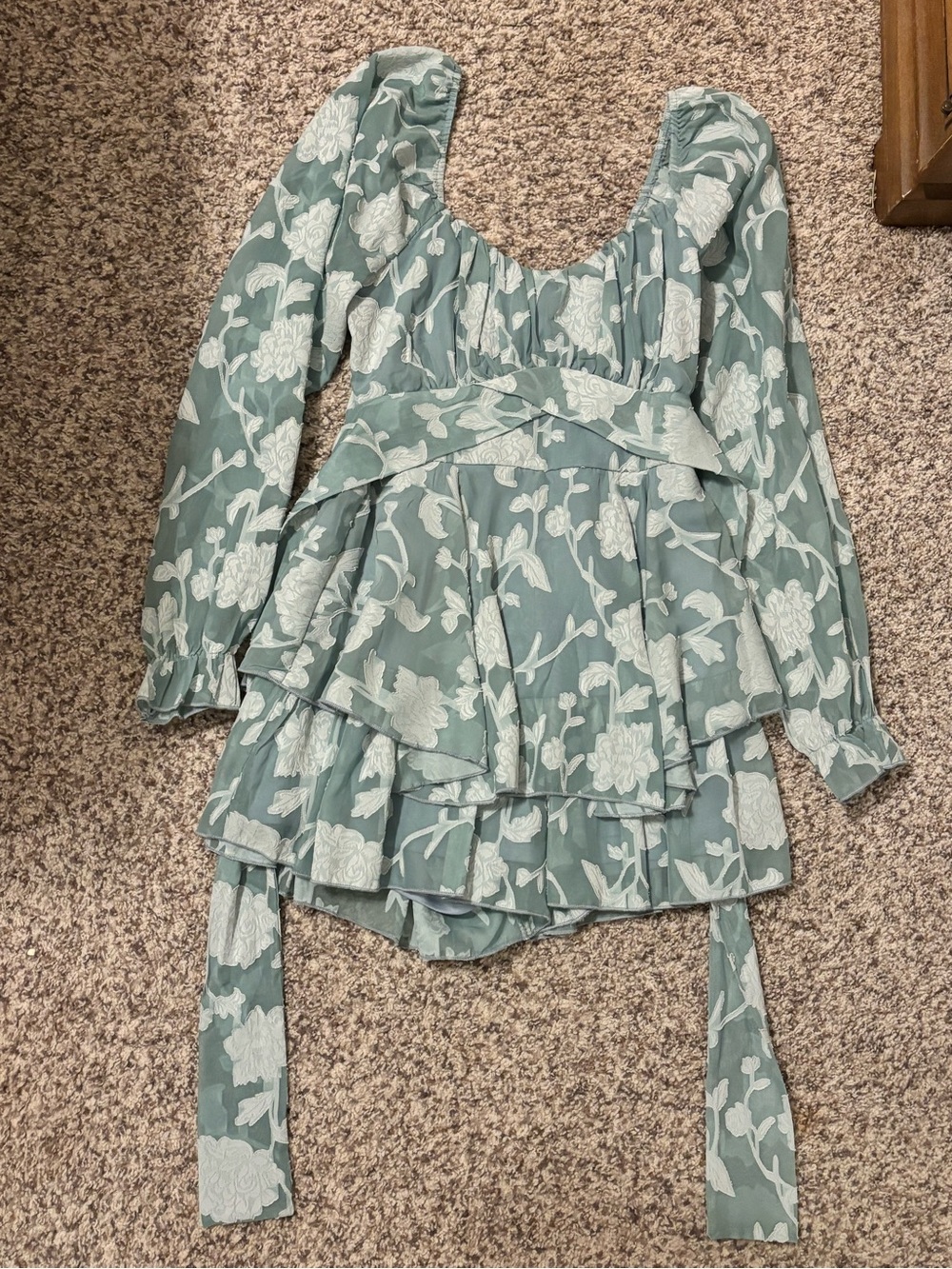 Floral Sage Green Long-Sleeve Ruffled Romper